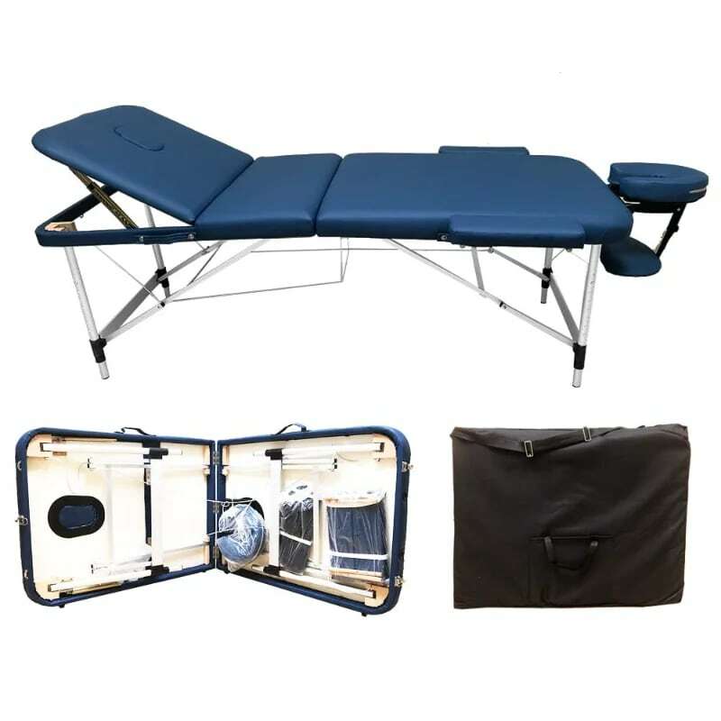 طاولة تدليك محمولة على الملاك ، 3 أقسام ، ألومنيوم ، 84 بوصة ، سرير سبا للوجه ، مع حقيبة حمل مجانية (أزرق داكن)