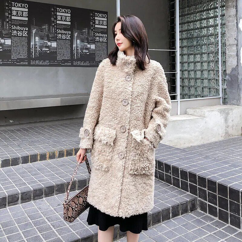 100% الصوف سترة المرأة الشتاء معطف الفرو الحقيقي طويل سميكة الدافئة واحدة الصدر الفراء الطبيعي الشارع الشهير سوق روسيا