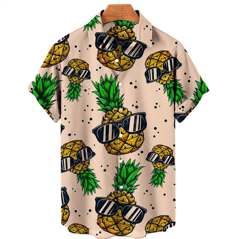 قمصان الصيف هاواي الفاكهة ثلاثية الأبعاد طباعة قميص الرجال النساء قمصان الموضة الأناناس واحدة الصدر قصيرة الأكمام بلوزة ملابس رجالي