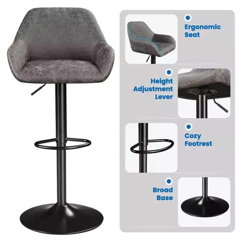 مقاعد بار كلاسيكية من الجلد الصناعي مع مسند ظهر ، كرسي أسود ، كرسي قابل للتعديل ، طاولة مطبخ ، مجموعة من 2
