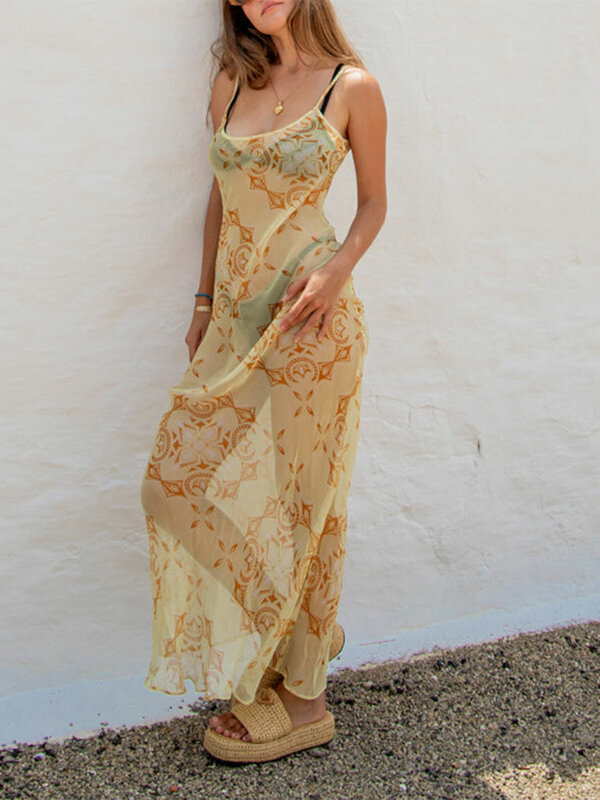 فستان ماكسي نسائي مطبوع عليه زهور بشرائط رفيعة فستان صيفي شفاف للحفلات والنوادي #3