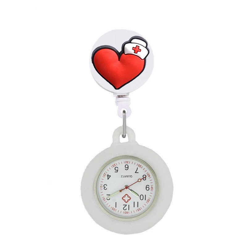 YiJia الكرتون الأحمر القلب ممرضة ساعة جيب بكرة الشارة القابلة للسحب الطبية لطيف Reloj مع غطاء من السيليكون