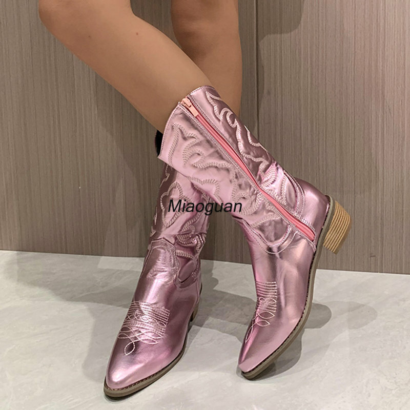 Gold Mid-calf Boots Woman Side Zipper Silver Pointed Western Cowboy Boots Retro Fashion Black Boots Plus Size 36-43 Women Boots