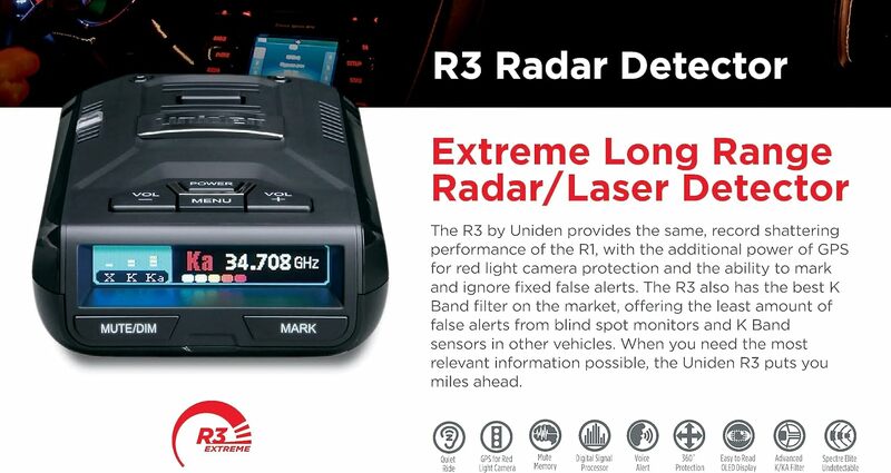 Uniden R3 كاشف رادار الليزر الشديد ، أداء تحطيم قياسي ، نظام تحديد المواقع المدمج ، ذاكرة كتم الصوت ، التنبيهات الصوتية