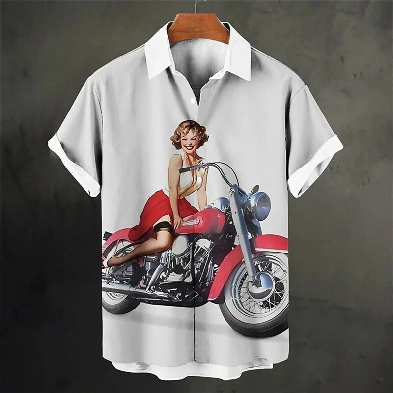 قميص للرجال والنساء كلاسيكي للدراجات النارية ، نقش مطبوع رقمي ثلاثي الأبعاد ، قميص هاواي ، توب قصير الأكمام ، فضفاض ، شارع ، مثير