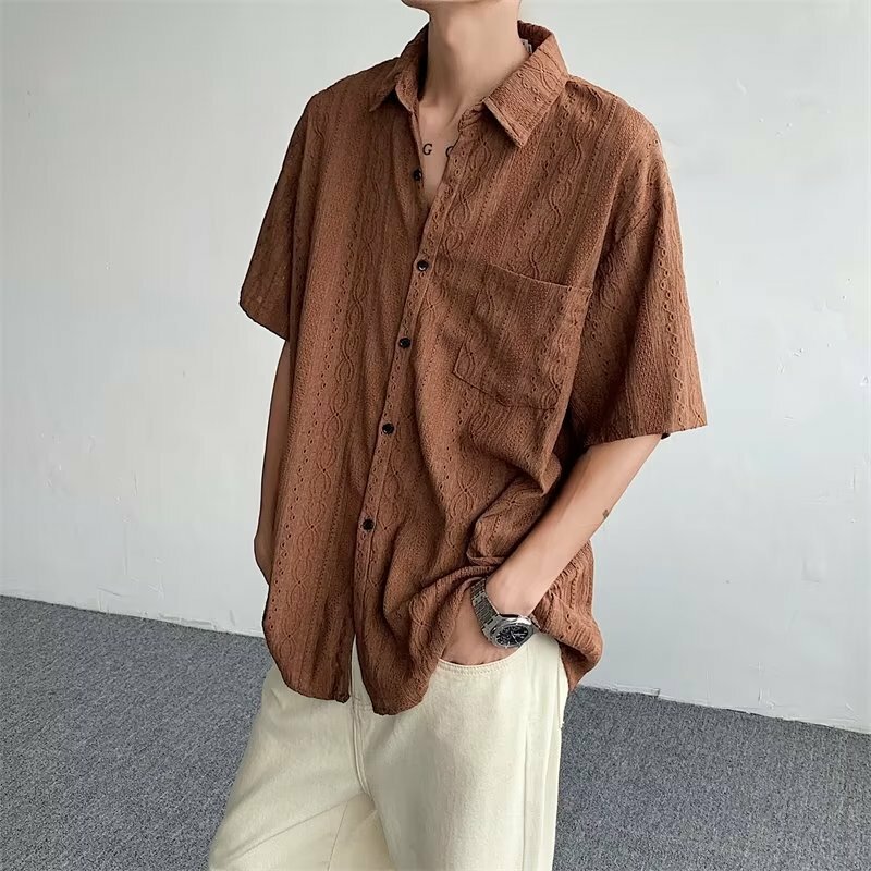 قمصان مجوفة يابانية عتيقة للرجال ، قميص بأكمام قصيرة ، تصميم عصري فضفاض ، لون واحد ، زر جيب ، Y2K ، صيف ، جديد