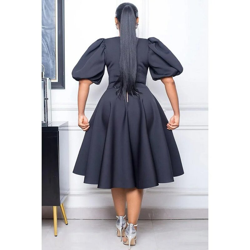 فستان متوسط الطول على شكل حرف A مع كم منفوخ ، فستان أسود شبه رسمي ، رقبة دائرية ، مقاس كبير