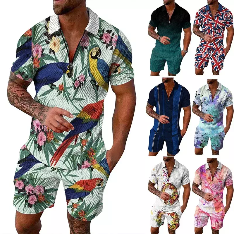 تي شيرت هاواي للرجال بفتحة رقبة على شكل حرف V ، قميص بولو مطبوع بطية صدر ، كم قصير وشورت بدلة ، بدلة ترفيهية لحفلات الشاطئ ، الموضة ، الصيف