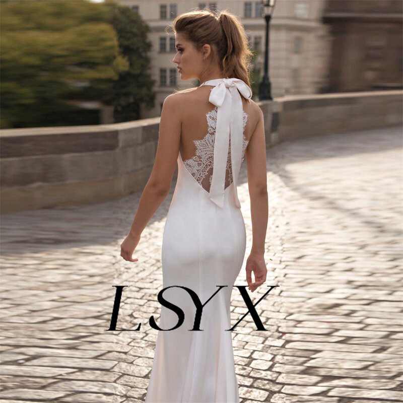 LSYX-فستان زفاف حورية البحر بدون أكمام من الدانتيل الكريب ، فستان زفاف أنيق ، ظهر بسيط ، طول الأرض ، مصنوع حسب الطلب ، رسن