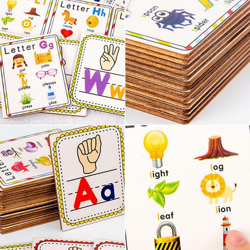 بطاقات خشبية ملونة على الوجهين الأبجدية فلاش للأطفال ، البطاقات التعليمية لفتة ، هدية عيد ، 26 قطعة ، 3-7