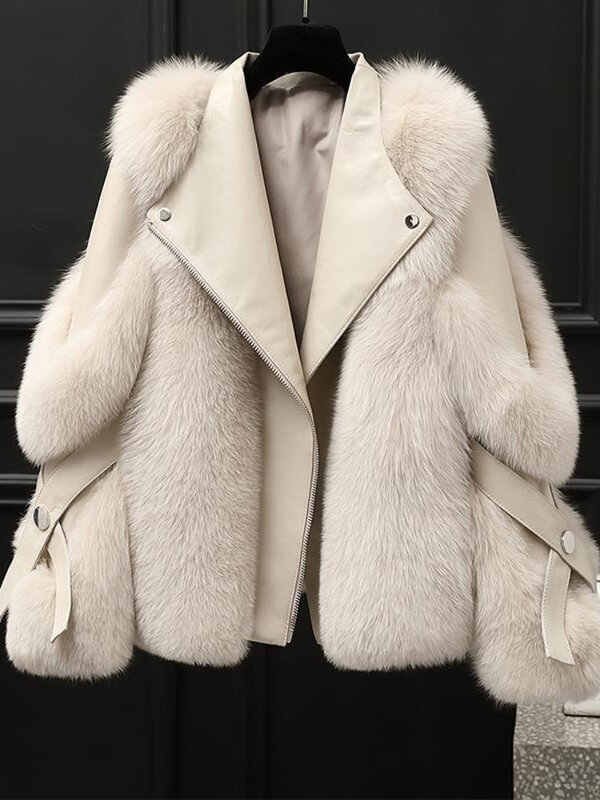جلد كامل الثعلب الفراء معطف قصير للنساء ، السيدات سترات هاينينغ عادية ، عالية الفراء التقليد المتكاملة ، جديد ، الشتاء ، 2023