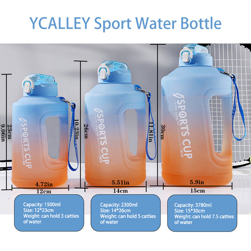 YCALLEY الرياضة 2l زجاجة ماء تذكير سيليكون سيث القش زجاجة ماء اللياقة البدنية زجاجات كبيرة 1500 مللي/2300 مللي/3800 مللي 2 لتر