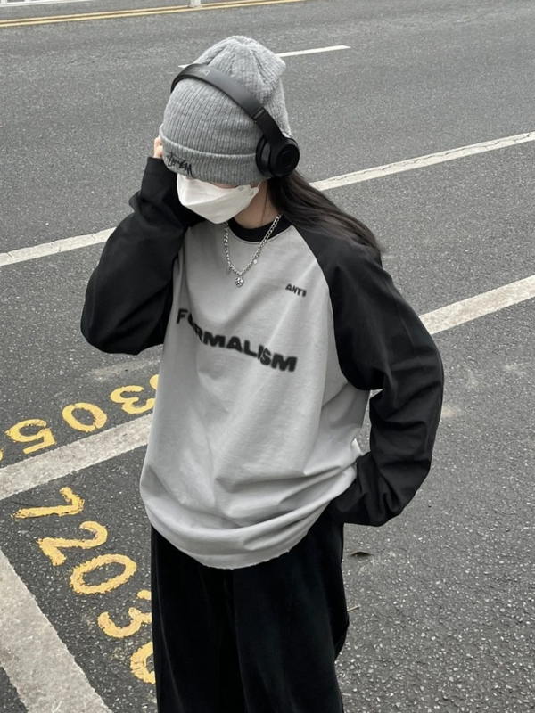 هوتشو-قميص قطني أساسي بأكمام طويلة رمادي ، ملابس الشارع الشهير هاراجوكو ، ملابس فضفاضة كبيرة الحجم ، بلوزة كورية ، خريف ، 2023