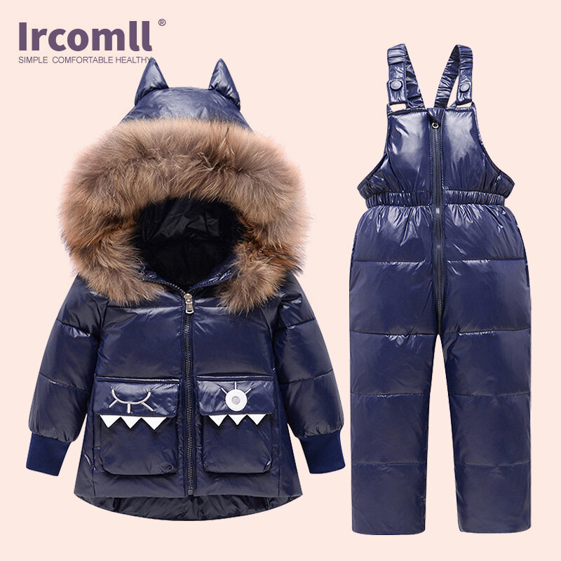 Ircomll 2 قطعة وزرة الشتاء + سترة للفتيات الفتيان ملابس خارجية بطة أسفل الدافئة طفل رضيع بدلة ثلج لامعة سترة