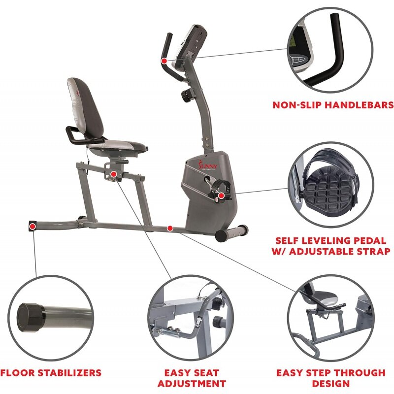 مشمس الصحة واللياقة البدنية المغناطيسي راقد ممارسة الدراجة ، مقعد سهل قابل للتعديل ، حامل الجهاز ، دورة في الدقيقة ومعدل النبض مراقب