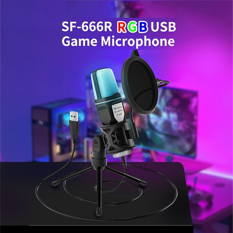 ميكروفون USB RGB Microfone مكثف سلك ميكروفون لتسجيل بودكاست كمبيوتر محمول متدفق للألعاب