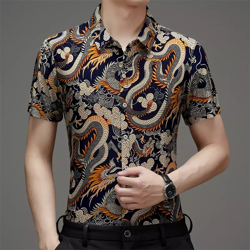 قميص حرير ثلجي بأكمام قصيرة بنمط تنين للرجال ، فضفاض وعصري ، عصري ومتعدد الاستخدامات ، على الطراز الصيني ، الصيف