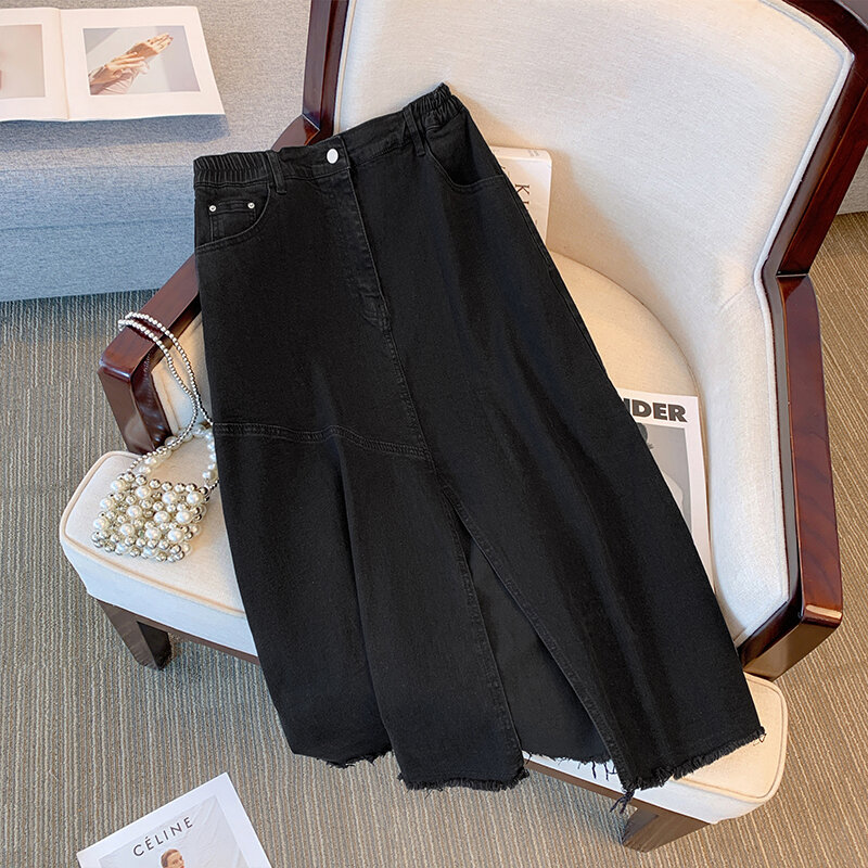 تنورة جينز نسائية غير رسمية ، أحادية اللون ، مقاس كبير ، أسود ، أزرق ، فتحة ، جيوب متعددة ، فضفاضة ، تنورة مريحة للركاب ، ربيعية