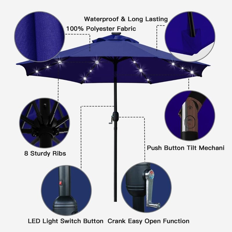 مظلة فناء بإضاءة ليد تعمل بالطاقة الشمسية ، 8 أضلاع ، تعديل الميل ، نظام رفع كرنك ، مظلات ظل أزرق داكن ، 9 إنش