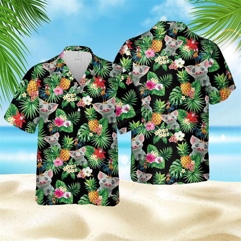 قمصان دجاج رجالية فضفاضة قابلة للتنفس بطبعة ثلاثية الأبعاد ، قمم شاطئ هاواي ، أكمام قصيرة ، أزياء عصرية رائعة ، صيف ، جديد
