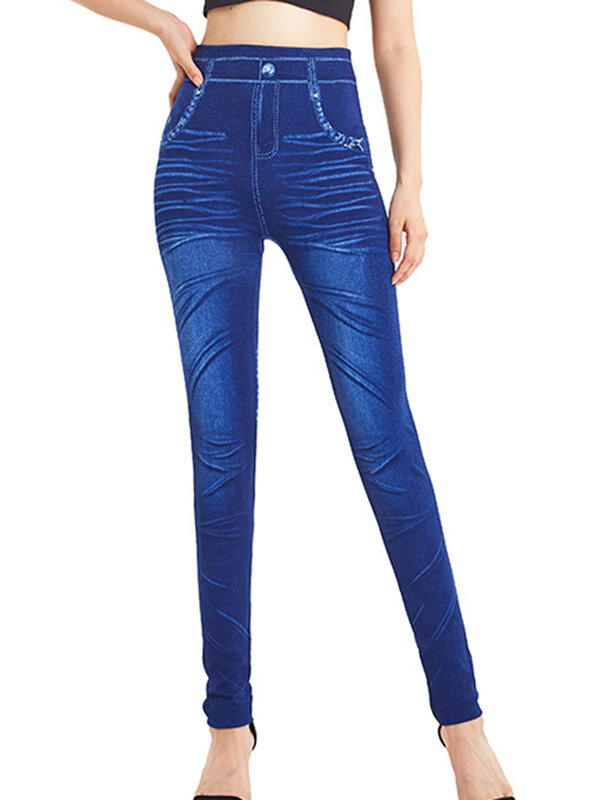 جينز نسائي مطاطي أزرق زائف ، بنطلون طويل ، بنطلون جينز عالي الخصر ، ملابس غير رسمية ، أنيقة