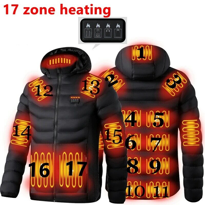 الرجال الشتاء الدافئة USB 17 منطقة التدفئة السترات الذكية ترموستات لون نقي مقنعين ملابس ساخنة مقاوم للماء السترات الدافئة