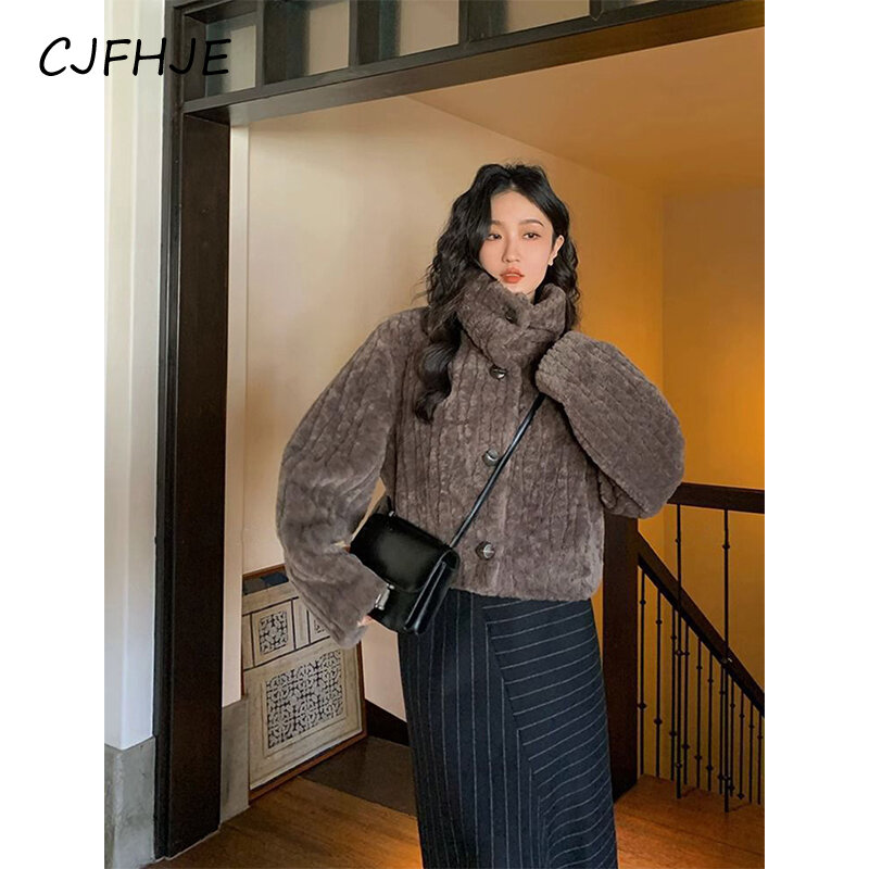 CJFHJE-معطف فرو صناعي عتيق للنساء ، حامل أنيق ، سترات قصيرة منفوشة ، ملابس شتوية شتوية ، معطف فخم كوري غير رسمي ، جديد