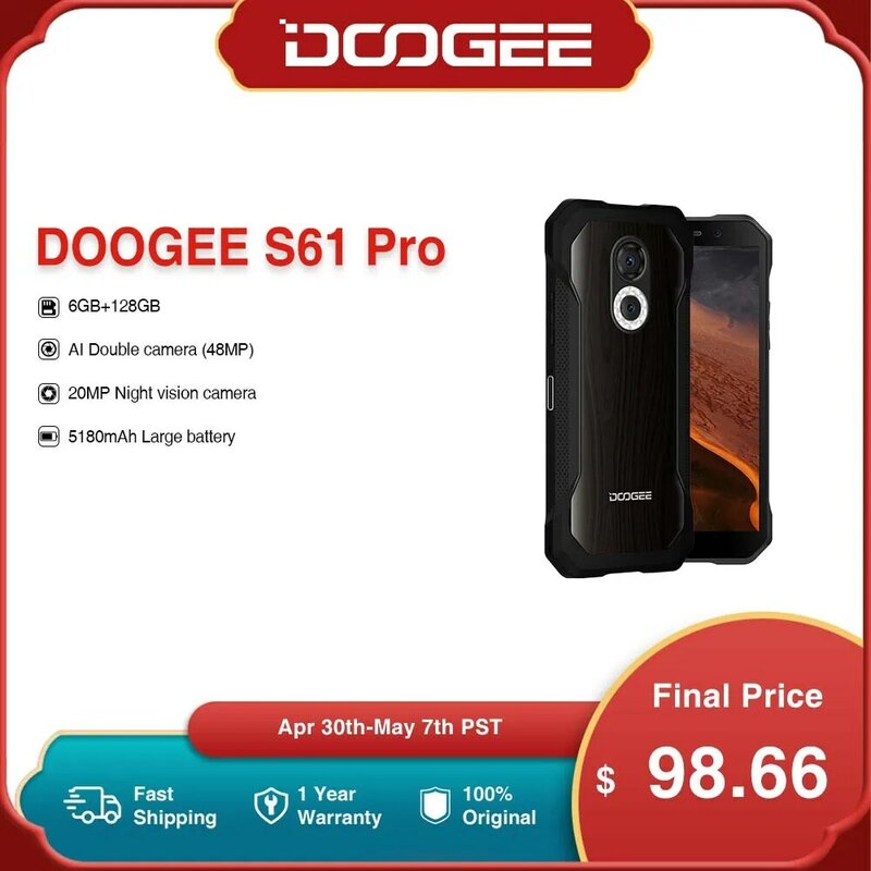 DOOGEE S61 Pro هاتف قوي IP68/IP69K 6.0 "أندرويد 12 حافظة ظهر متعددة تصميم 20MP للرؤية الليلية 5180mAh الهاتف