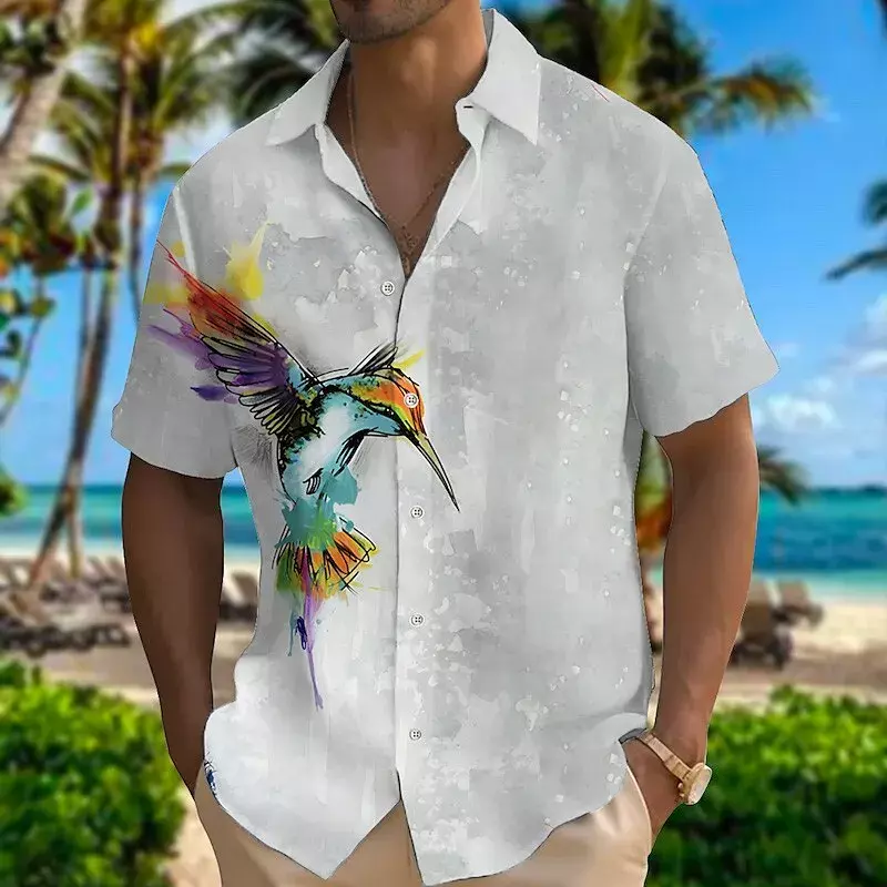 قمصان للرجال مضحكة ثلاثية الأبعاد مطبوعة ببغاء ، نمط زهرة ، قمصان قصيرة الأكمام ، قمم فضفاضة طية صدر السترة عارضة ، ملابس الشاطئ الصيفية ، الموضة