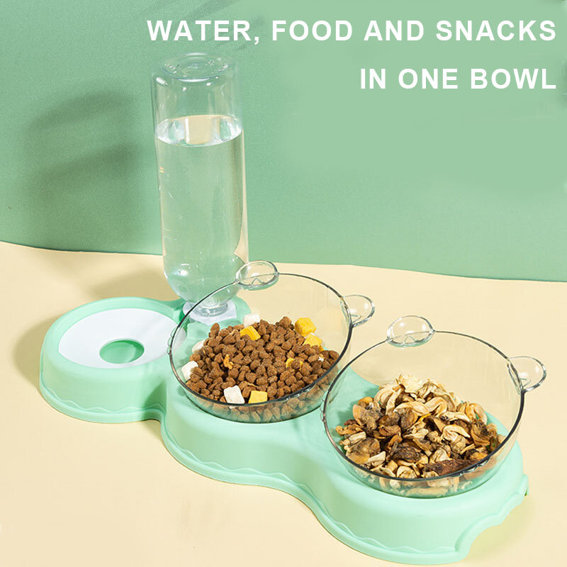 موزع مياه ومغذي آلي للحيوانات الأليفة ، أطباق مزدوجة للقطط والكلاب ، وعاء طعام مع حامل للشرب