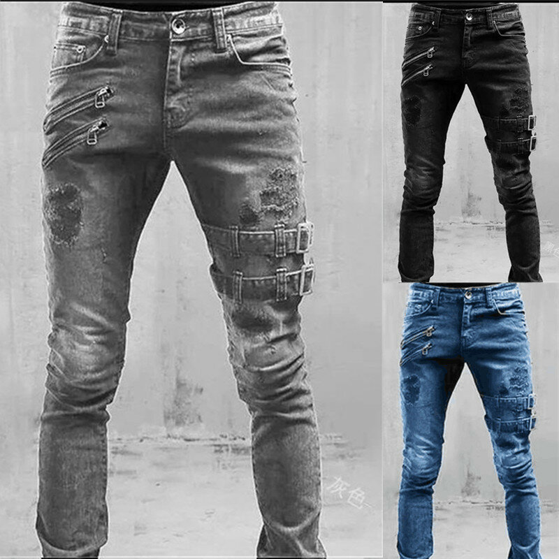 سراويل جينز للرجال غير رسمية مطاطية ، جينز نحيف ، بنطلون شرير ، أزياء الشارع الشهير ، ملابس فنية جديدة ، خريف ، Y2K