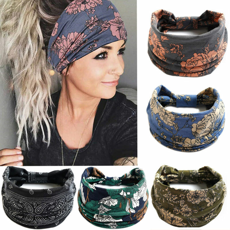 بوهو زهرة طباعة واسعة Headbands Knot عقدة مطاطا عمامة حك للنساء الفتيات القطن لينة باندانا إكسسوارات الشعر