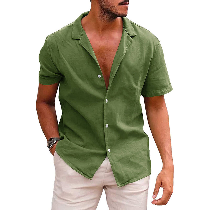 قميص رجالي بأكمام قصيرة أحادي اللون ، طية صدر للصيف ، كتان قطني ، أزرار