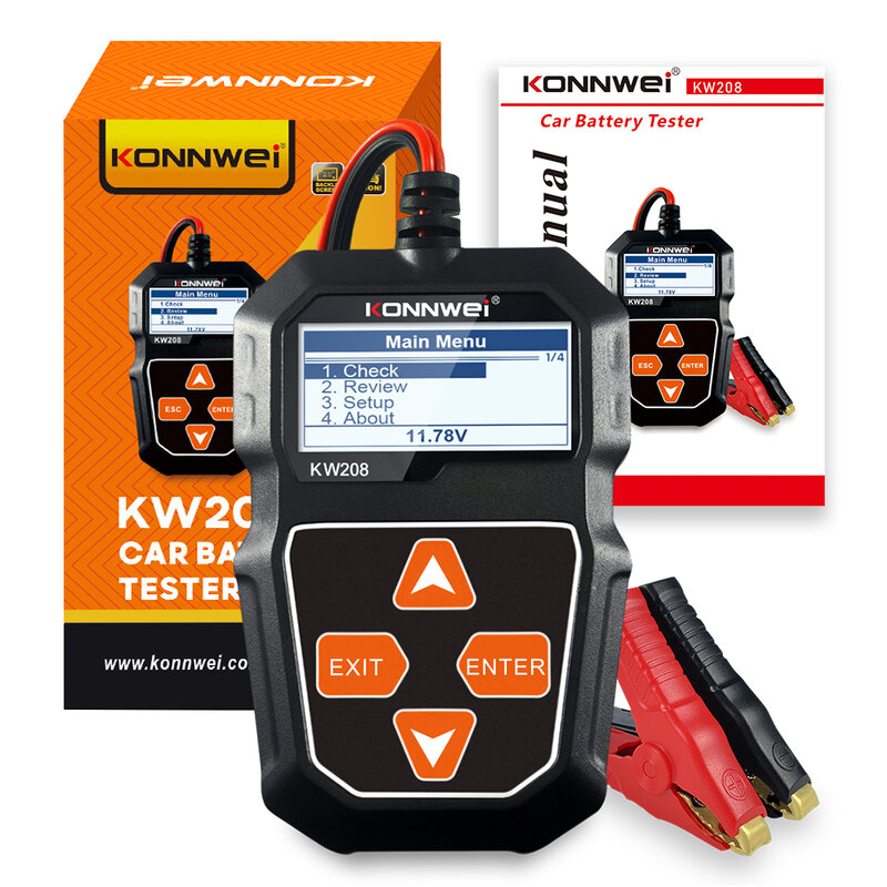 جهاز اختبار بطارية السيارة KONNWEI ، جهاز اختبار الدوائر بالشحن ، أدوات تحليل البطارية ، 12 فولت ، 100 إلى 2000CCA ، KW208