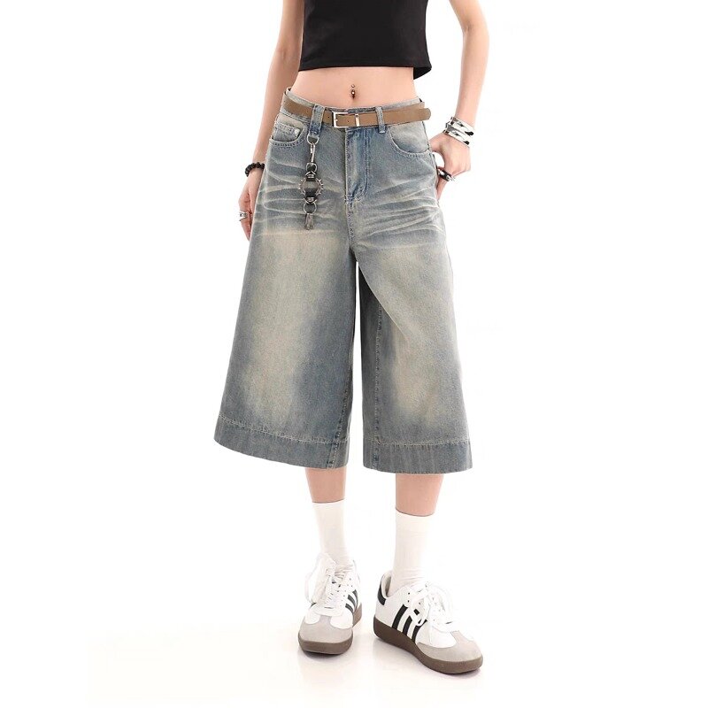 جينز فضفاض كلاسيكي من ديبتاون ، بنطال جينز واسع الساق ، بنطال فضفاض ، ملابس الشارع الكورية ، شورت هاراجاكو ، موضة الصيف ، Y2k