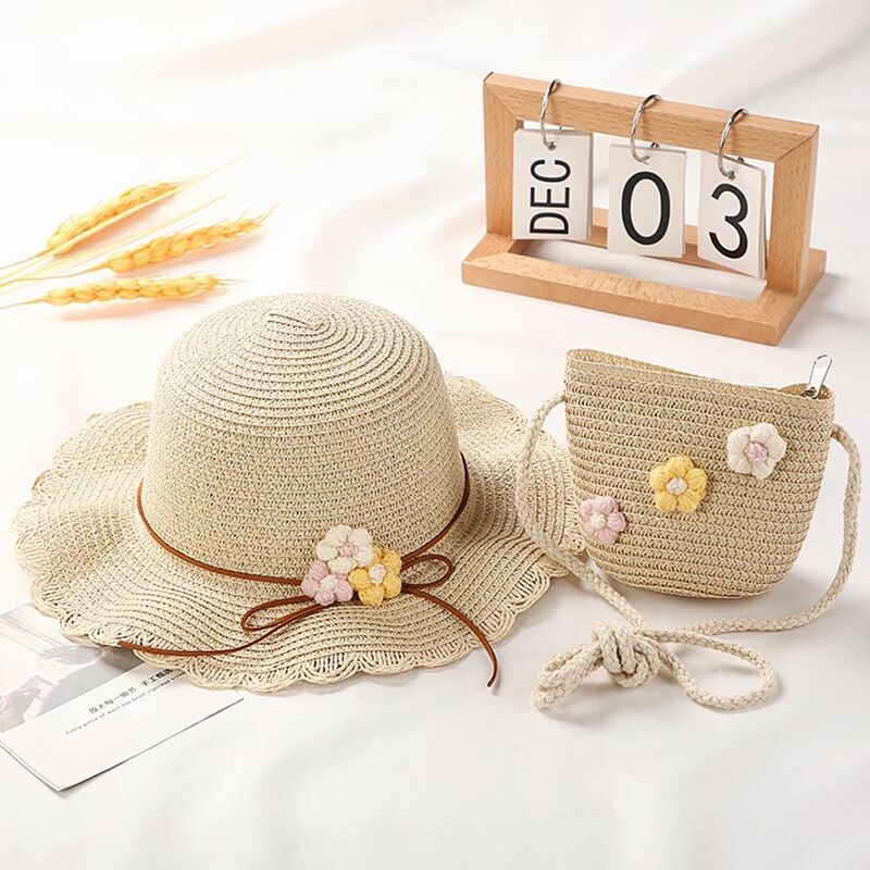 Outdoor Summer Handbag Bags Flower Breathable Beach Sun Hats Straw Woven Hats Panama Handbag Bags Baby Bucket Cap