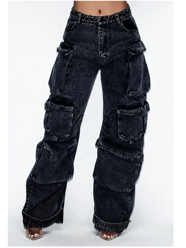 جينز متعدد الجيوب بلون واحد فضفاض شارع العليا ريترو hiphop بنطال جينز واسع موضة غير رسمي مستقيم عالي الخصر جينز نسائي