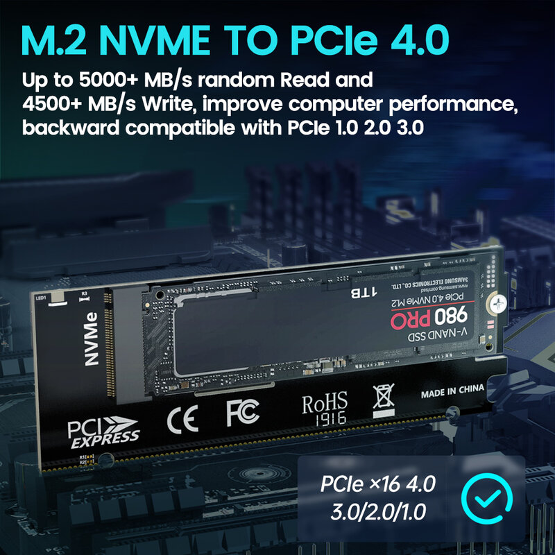 JEYI M.2 NVME to PCIe 4.0x16 محول ، M.2 NVMe SSD إلى PCI-e 4.0 بطاقة التوسع ، يدعم 2280/60/42/30 محركات الأقراص الصلبة