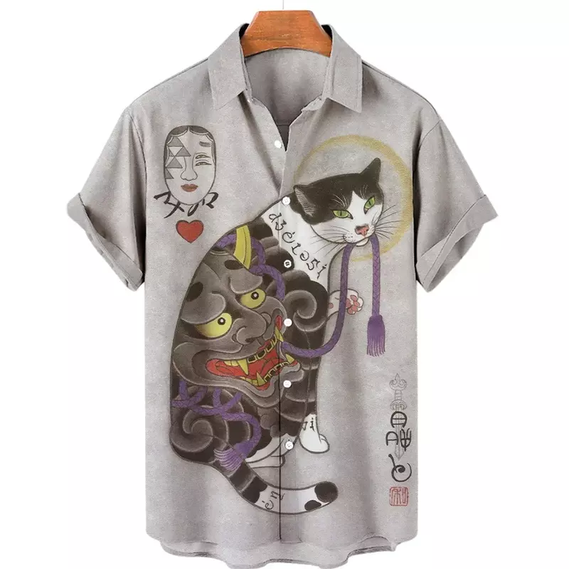 قميص رجالي بأكمام قصيرة مطبوع بنمط القط الساموراي ، بلوزة مريحة كاجوال ، قميص بزر أسفل طية صدر ، فن ياباني