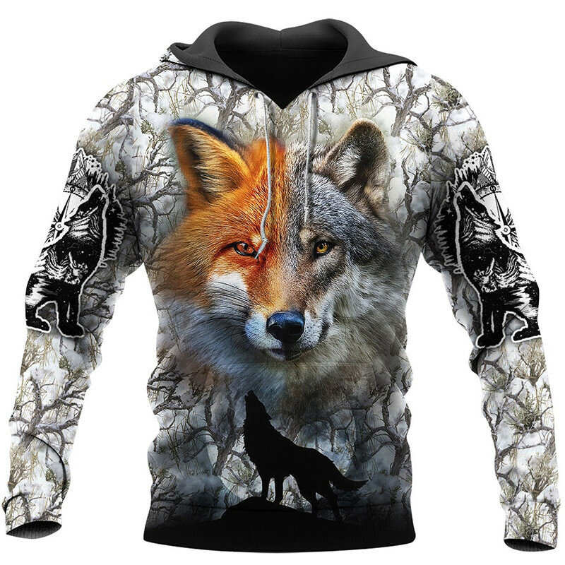 Vintage الذئب طباعة مقنعين الرجال ملابس Sweatshirts بلوزات الحيوان نمط جاكيتات معطف الترفيه مريحة المتضخم البلوز