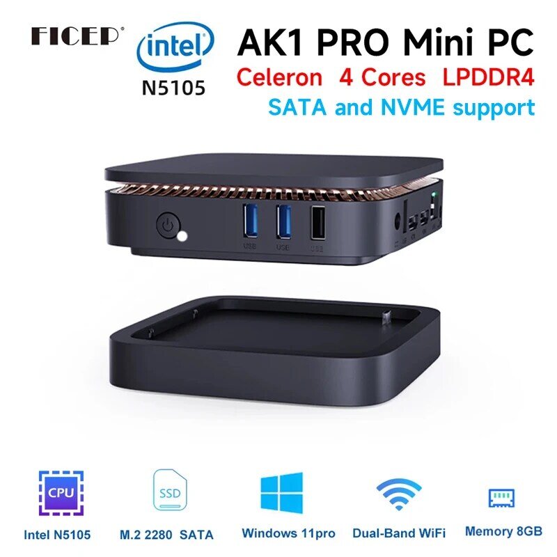 جديد Ficep AK1 Pro Mini Pc Windows 11 Pro Intel Celeron N5105 DDR4 8GB 256GB SSD WIFI Windows 10 Gamer Computer PK GK3 Pro Minipc