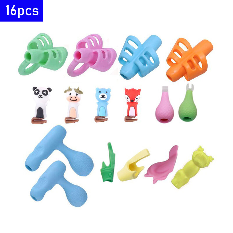 16 Pieces of Various Three-finger Silicone Pen Holder Beginner Writing Tools Baby Posture Correction Products with Pencil Case