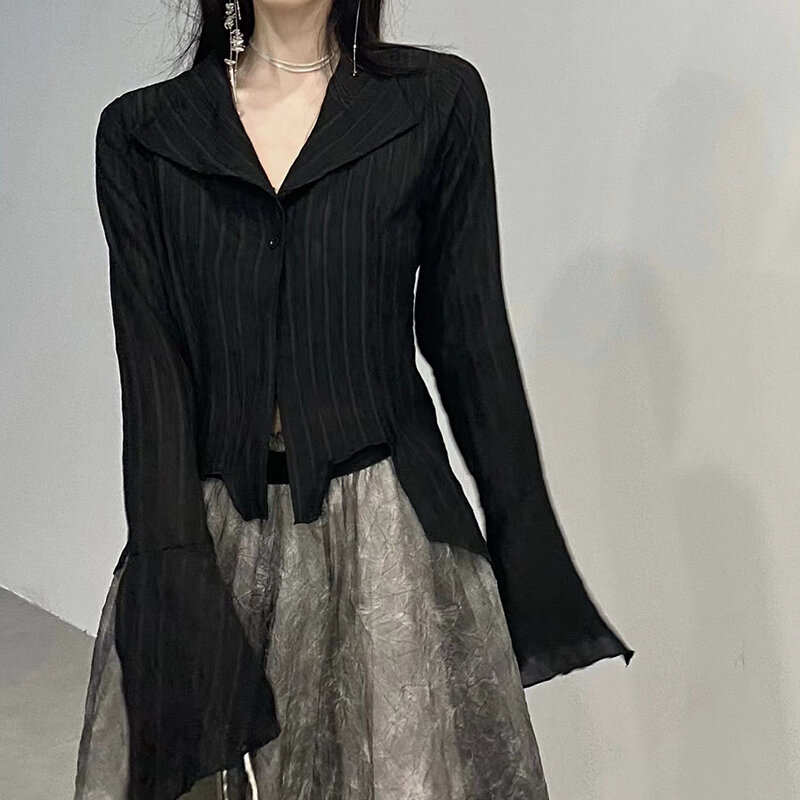 Gidyq قوطية النساء قمصان سوداء الكورية الإناث تصميم غير النظامية القمم الظلام الأكاديمية الربيع موضة الشارع الشهير Y2K بلوزة جديد