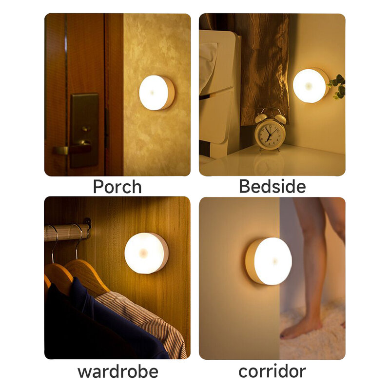 محس حركة ضوء Led USB أضواء الليل مصباح قابل للشحن مستديرة لغرفة النوم المطبخ درج المدخل خزانة خزانة الإضاءة