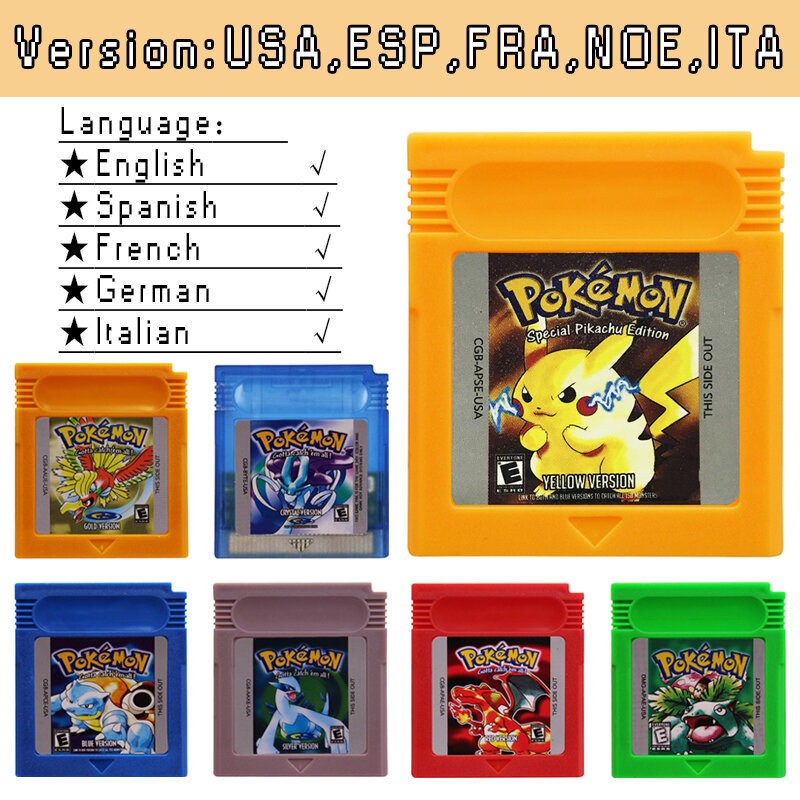 خرطوشة لعبة بوكيمون مع عدة لغات ، بطاقة وحدة التحكم في ألعاب الفيديو ، الكريستال الأزرق ، الذهبي ، الأخضر ، الأحمر ، الفضي ، الأصفر ، GBC ، 16 بت