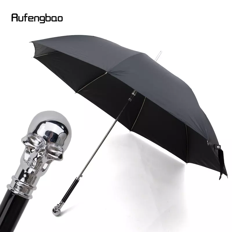 مظلة آلية برأس جمجمة أبيض ، مظلة مقاومة للرياح ، مقبض طويل ، لكل من الأيام المشمسة والممطرة ، عصا المشي