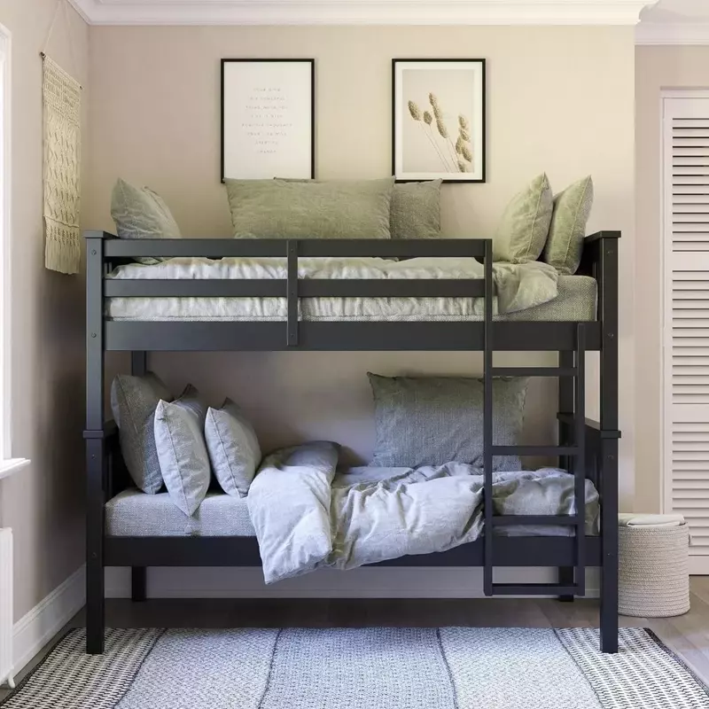 سرير بطابقين من الخشب الأسود للأطفال ، ثنائي فوق ، فوق