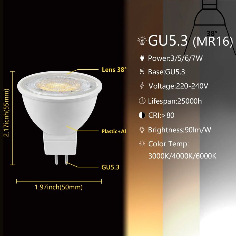 1-10 قطعة Led الأضواء GU10 GU5.3 MR16 3W 5W 6W 7W 38 درجة الإضاءة لمبة 220V إضاءة داخلية 3000K 4000K 6000K Bombillas
