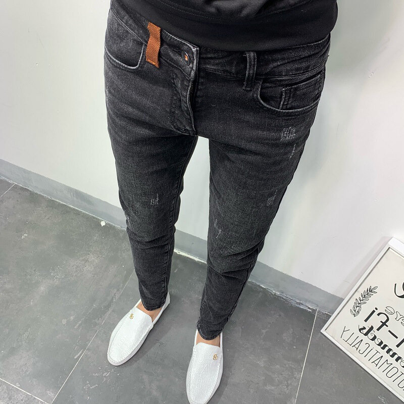 Brand Autumn Black Man's Korean Cropped Trousers 2022 New Slim Feet Casual Black Pants Mens Street Wear Designer Jeans for Men