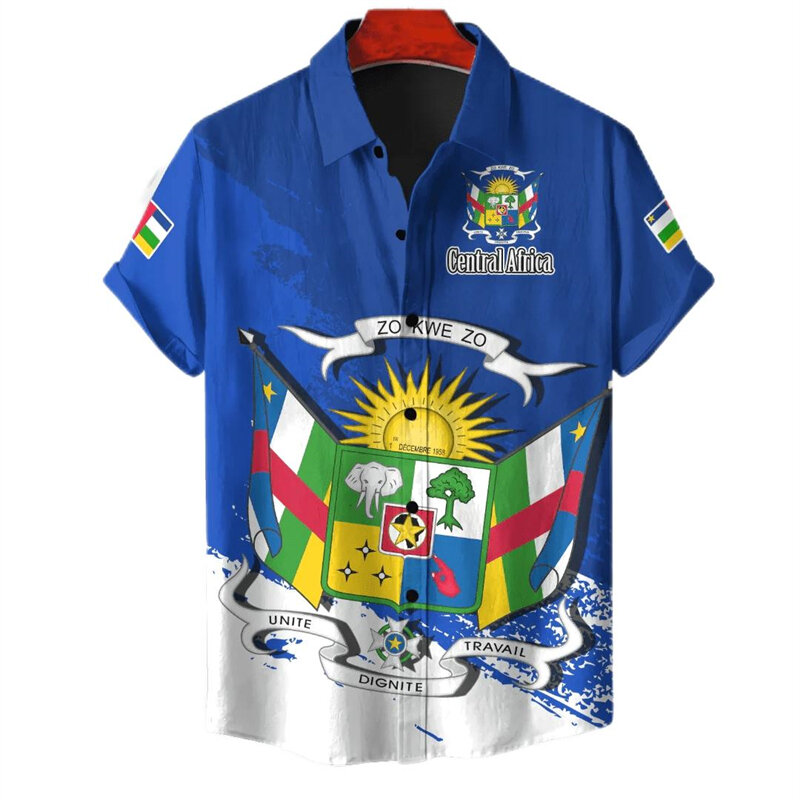 قمصان قصيرة الأكمام بخريطة علم جمهورية أفريقيا الوسطى للرجال ، بلوزات بشعار وطني ، قمصان جيرسيه للأولاد ، أعلى الزر ، ملابس الأطفال